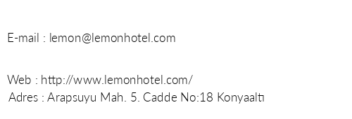 Lemon Hotel Konyaalt telefon numaralar, faks, e-mail, posta adresi ve iletiim bilgileri